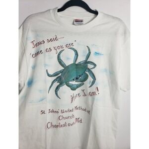 Vintage Hanes Heavyweight White Blue Crab Church T-Shirt Mens Medium Maryland MD